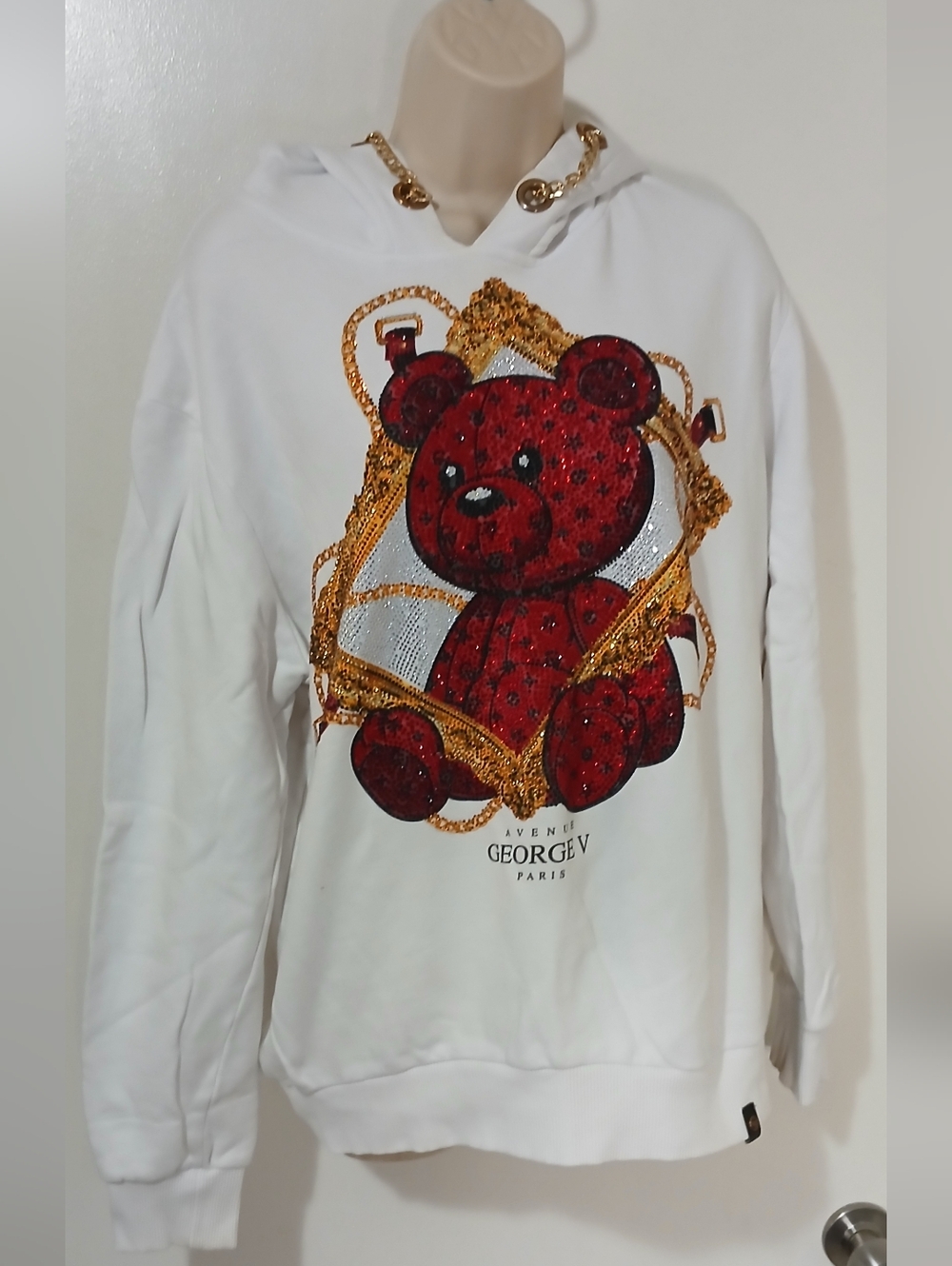 White Hoodie with Red Teddy & Gold Embellishment,unisex George V Paris